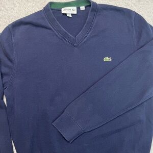 Lacoste Sweater Mens Medium Size 4 Navy Blue Long‎ Sleeve Pullover V-Neck Croc